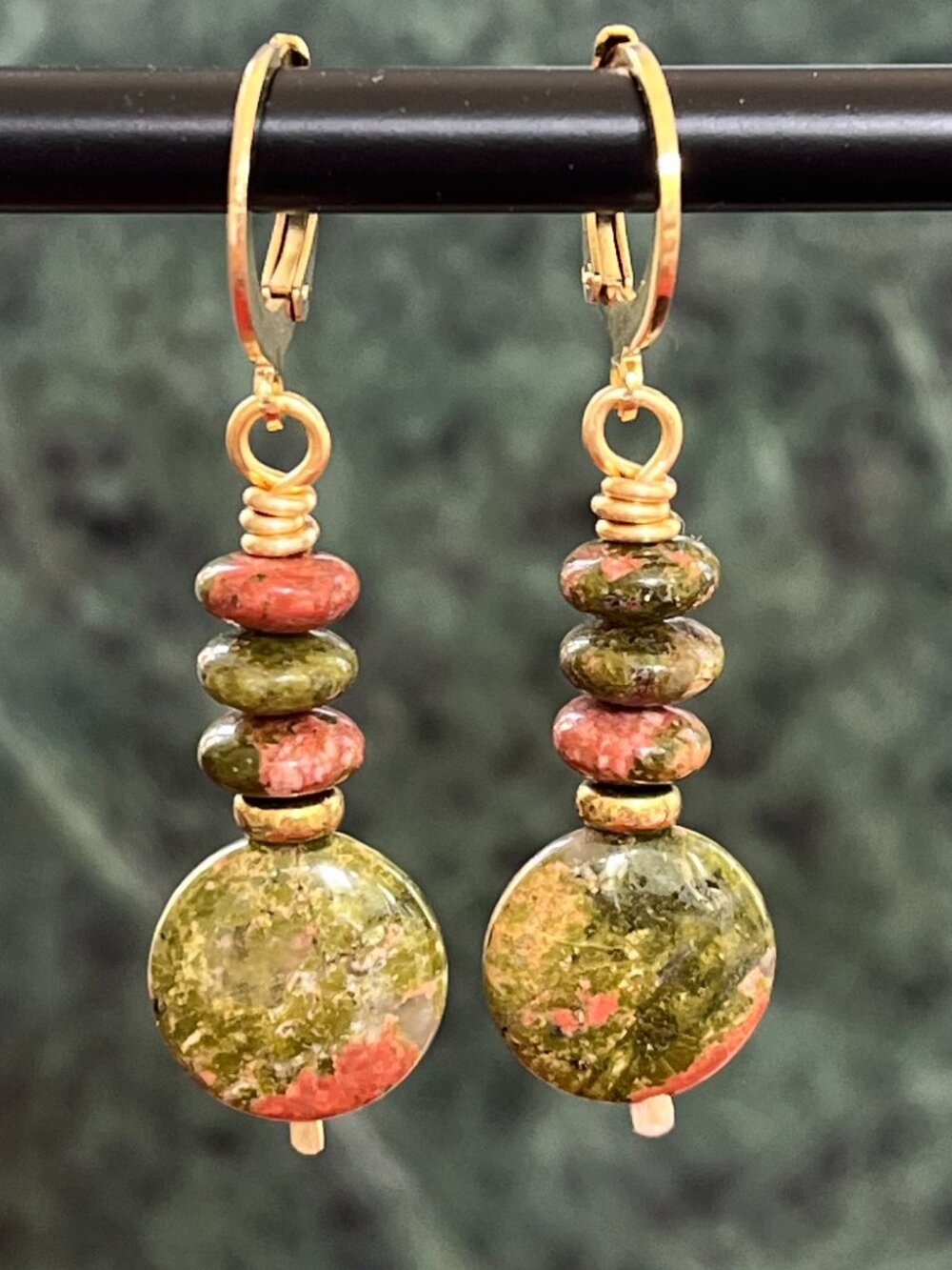 Gemstone Earrings, Unakite, Green Pink Natural Gemstone Boho Dangle Earrings